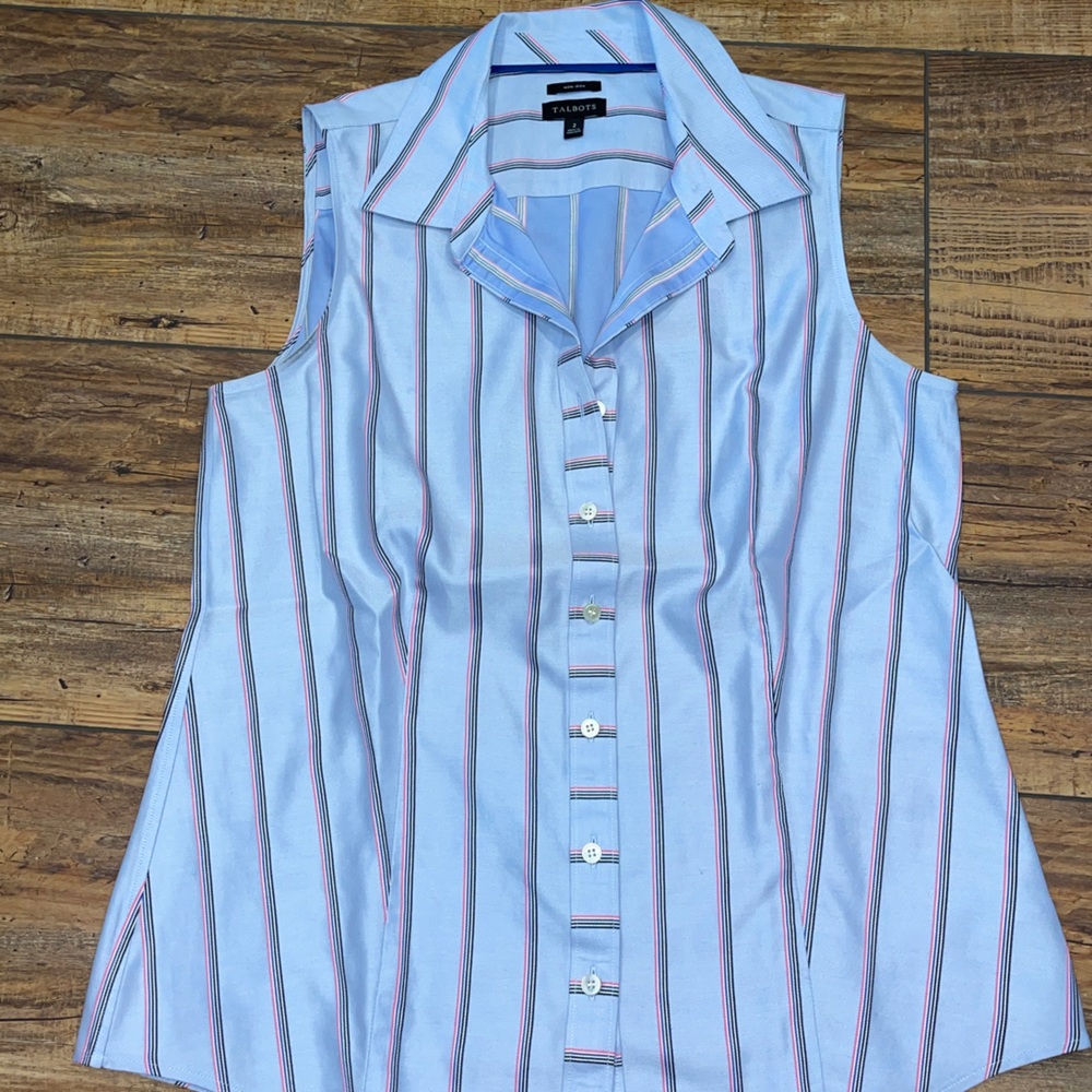 Talbots sleeveless button up dress shirt, light blue with blue and pink stripes